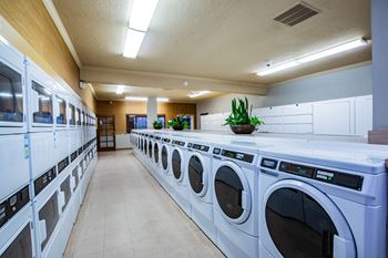 A laundromat with rows of washers and dryers.